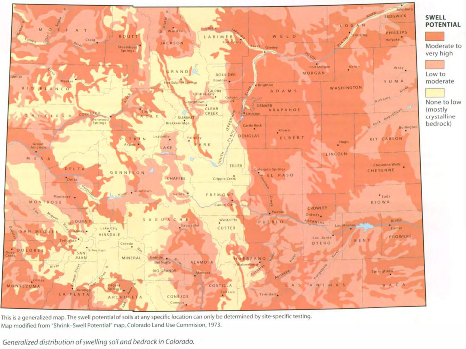 Dark orange and light orange areas are at risk for expansive soil